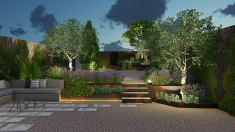 diseno-jardines-3d-jardin-al-atardecer-iluminado-con-zona-de-estar-arboles